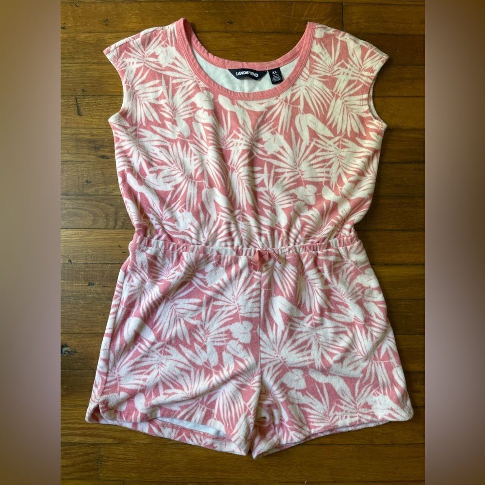 LANDS END Girls XL 14-16 pink and white terry cloth romper